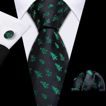 Black Green Xmas Tree Pattern Tie, Pocket Square and Cufflinks Set tie sets    - Sophisticated Gentlemen