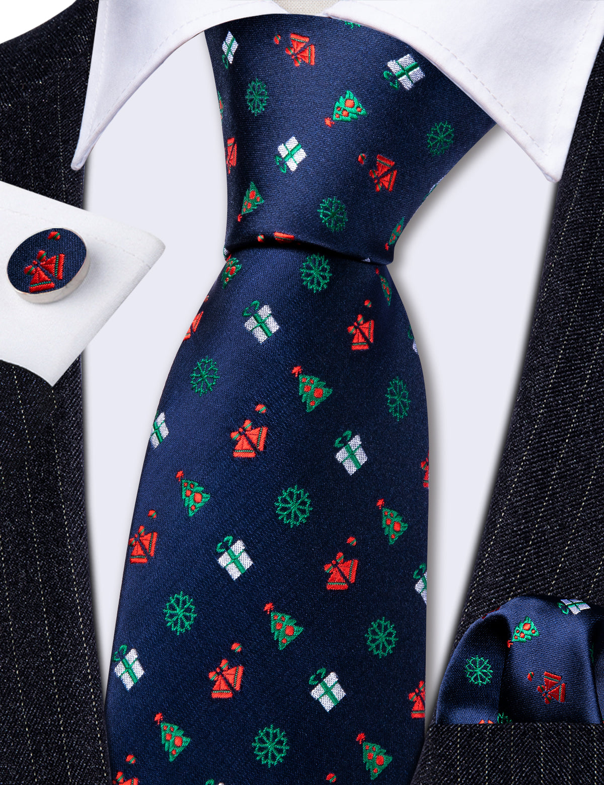 Blue Red Christmas Pattern Tie, Pocket Square and Cufflinks Set tie sets    - Sophisticated Gentlemen