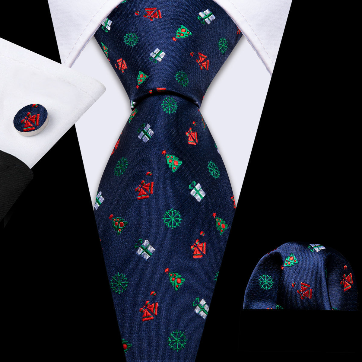 Blue Red Christmas Pattern Tie, Pocket Square and Cufflinks Set tie sets    - Sophisticated Gentlemen