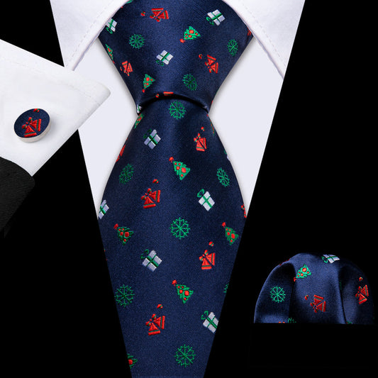 Blue Red Christmas Pattern Tie, Pocket Square and Cufflinks Set tie sets    - Sophisticated Gentlemen