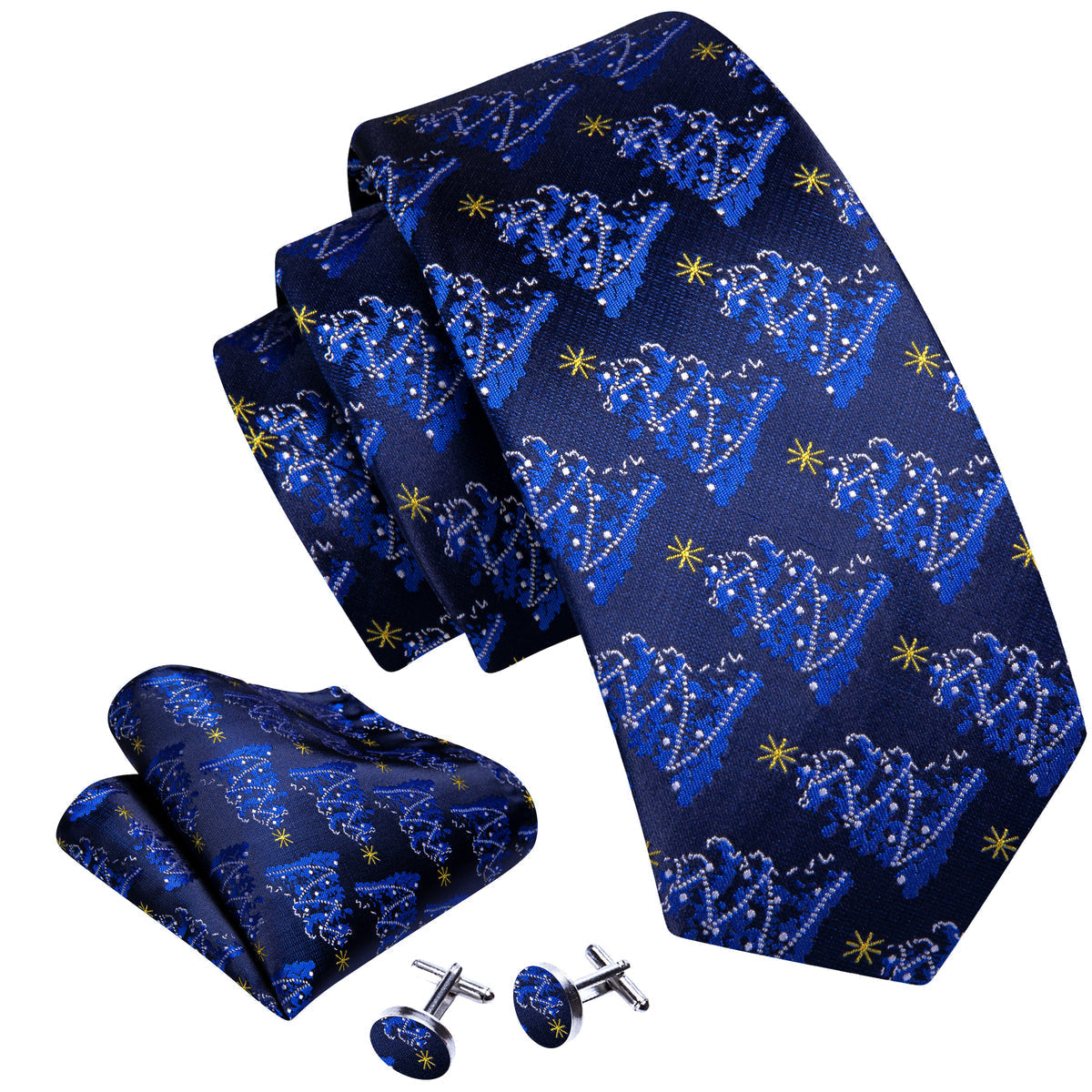 Navy Blue Christmas Tree Pattern Tie, Pocket Square and Cufflinks Set tie sets    - Sophisticated Gentlemen