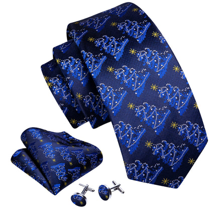Navy Blue Christmas Tree Pattern Tie, Pocket Square and Cufflinks Set tie sets    - Sophisticated Gentlemen