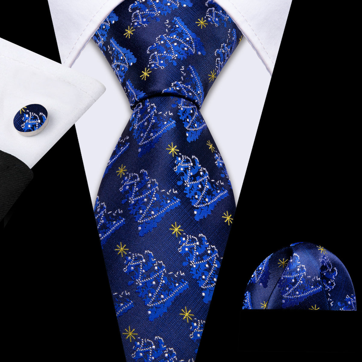Navy Blue Christmas Tree Pattern Tie, Pocket Square and Cufflinks Set tie sets    - Sophisticated Gentlemen