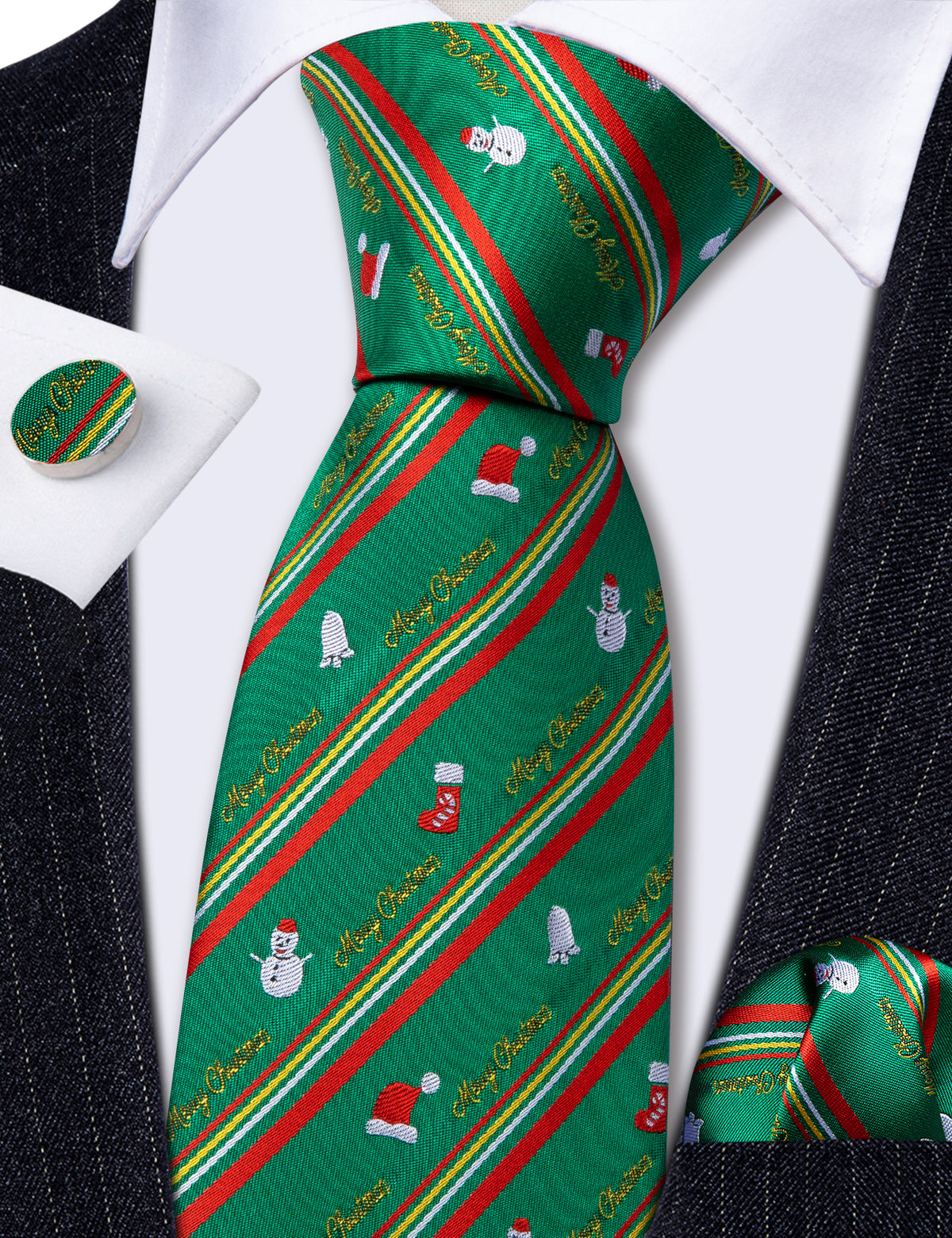 Green Red Christmas Snowman Pattern Tie, Pocket Square and Cufflinks Set tie sets    - Sophisticated Gentlemen