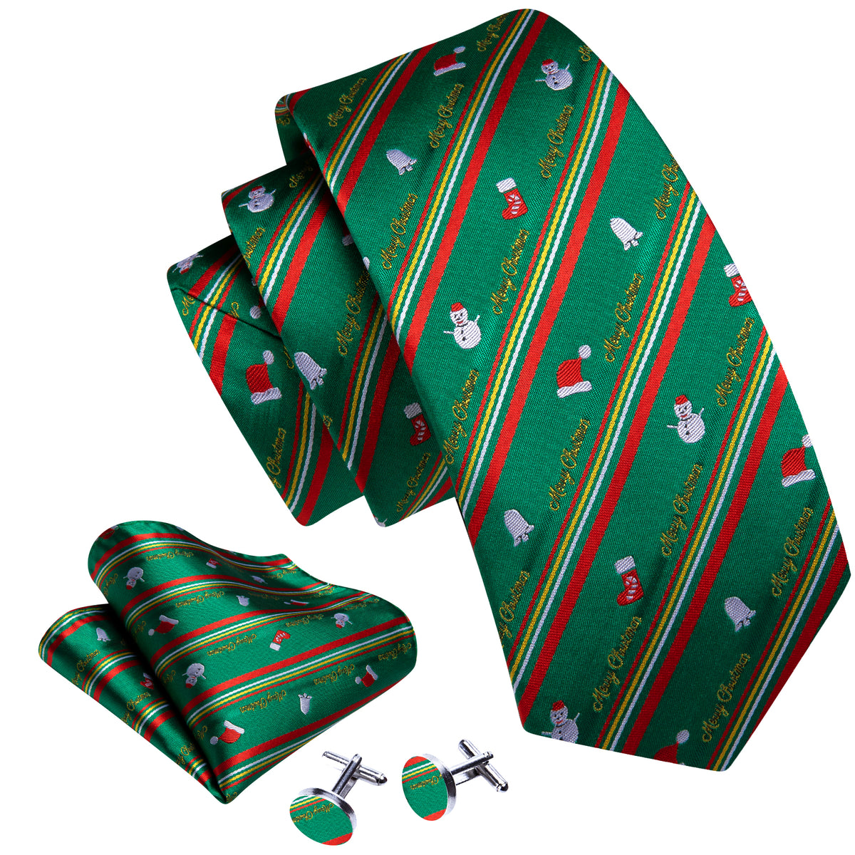 Green Red Christmas Snowman Pattern Tie, Pocket Square and Cufflinks Set tie sets    - Sophisticated Gentlemen