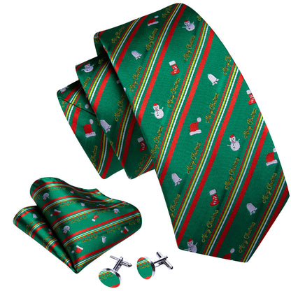 Green Red Christmas Snowman Pattern Tie, Pocket Square and Cufflinks Set tie sets    - Sophisticated Gentlemen