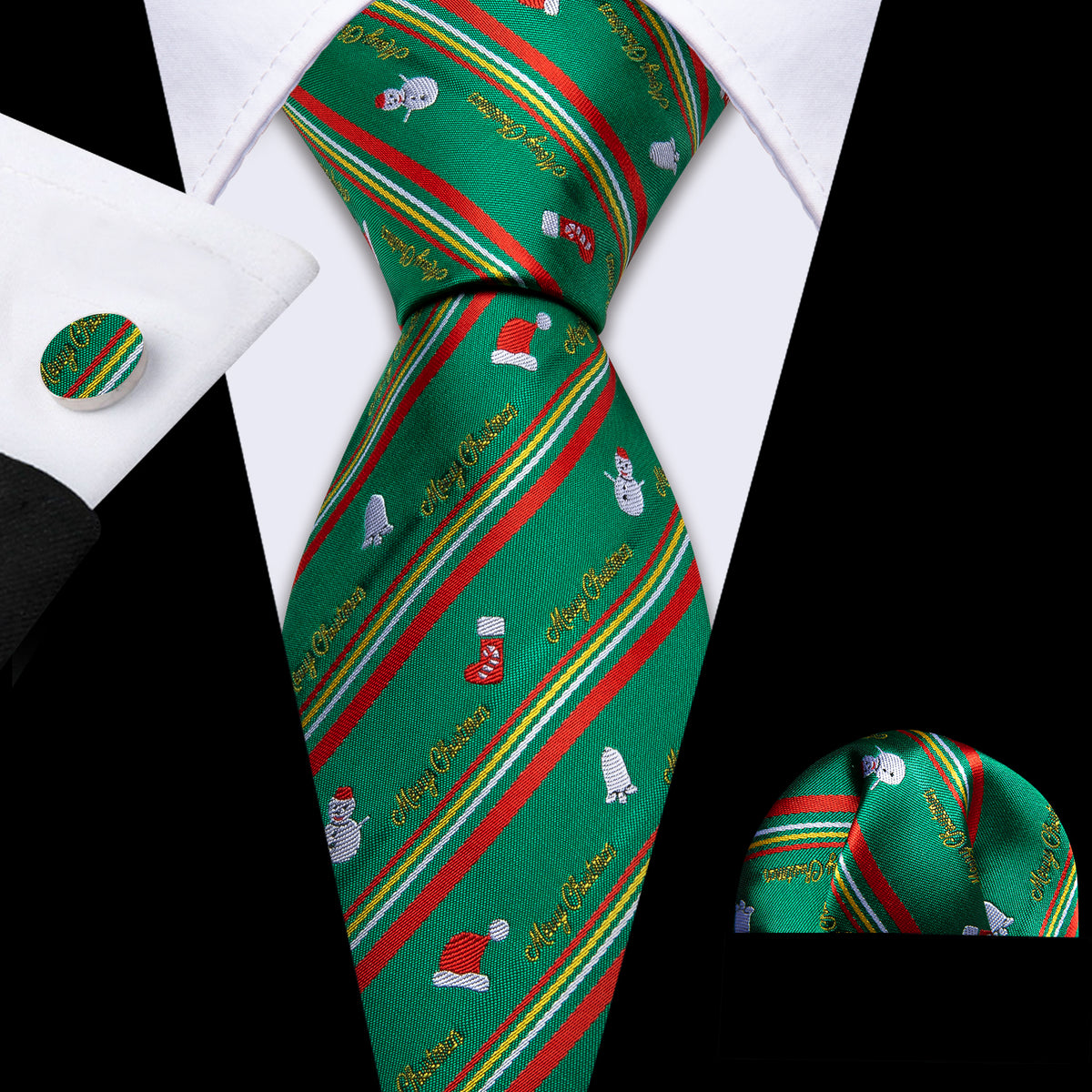 Green Red Christmas Snowman Pattern Tie, Pocket Square and Cufflinks Set tie sets    - Sophisticated Gentlemen