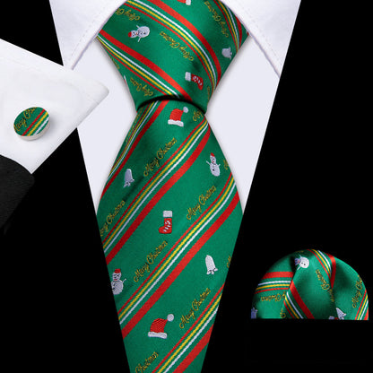 Green Red Christmas Snowman Pattern Tie, Pocket Square and Cufflinks Set tie sets    - Sophisticated Gentlemen