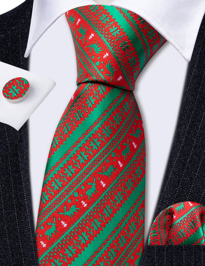 Green Red Christmas Elk Pattern Tie, Pocket Square and Cufflinks Set tie sets    - Sophisticated Gentlemen