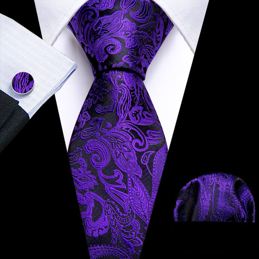 Purple and Black Paisley Floral Tie, Pocket Square and Cufflinks tie sets Standard packaging   - Sophisticated Gentlemen