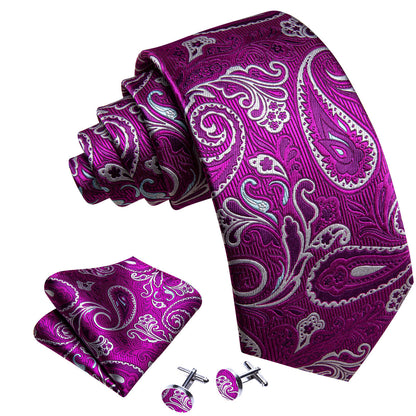 Purple White Paisley Silk Tie, Pocket Square and Cufflinks Set tie sets    - Sophisticated Gentlemen