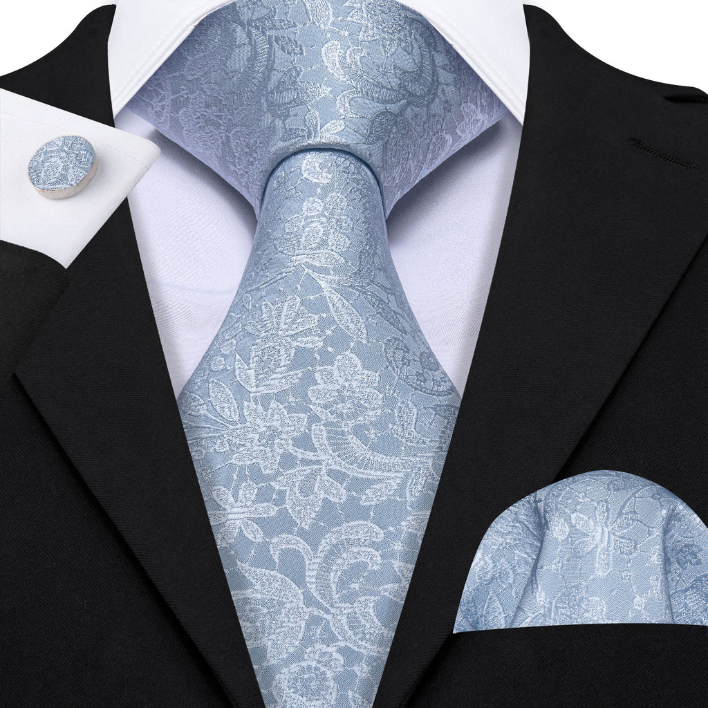 Mist Blue Paisley Silk Tie, Pocket Square and Cufflinks Set tie sets    - Sophisticated Gentlemen