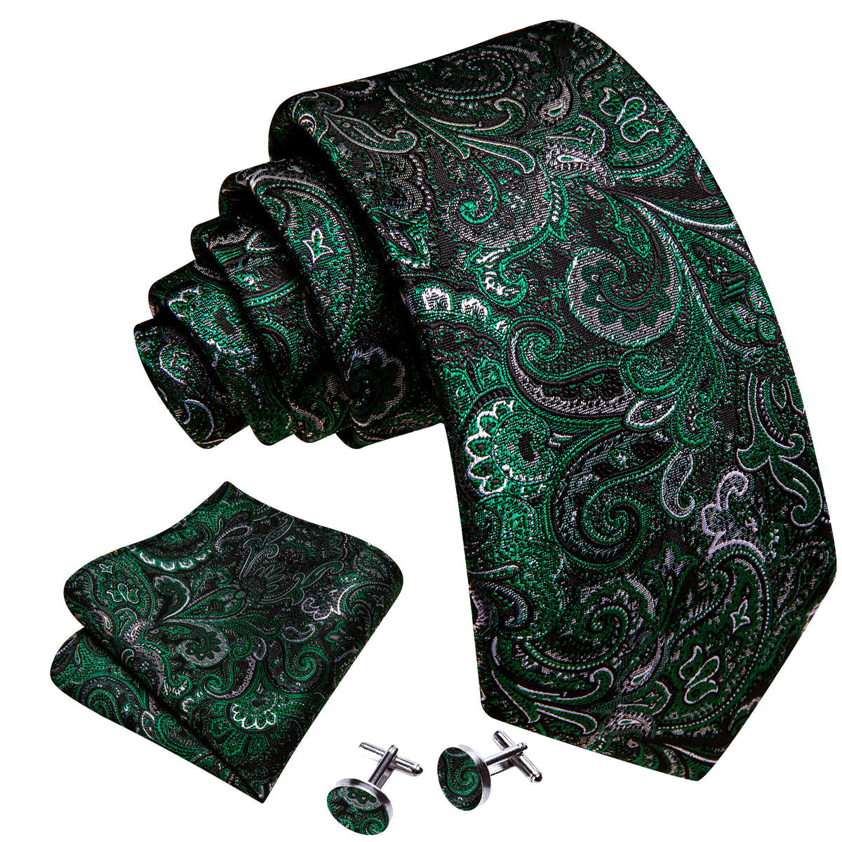 Black Forest Green Paisley Tie, Pocket Square and Cufflinks Set tie sets    - Sophisticated Gentlemen