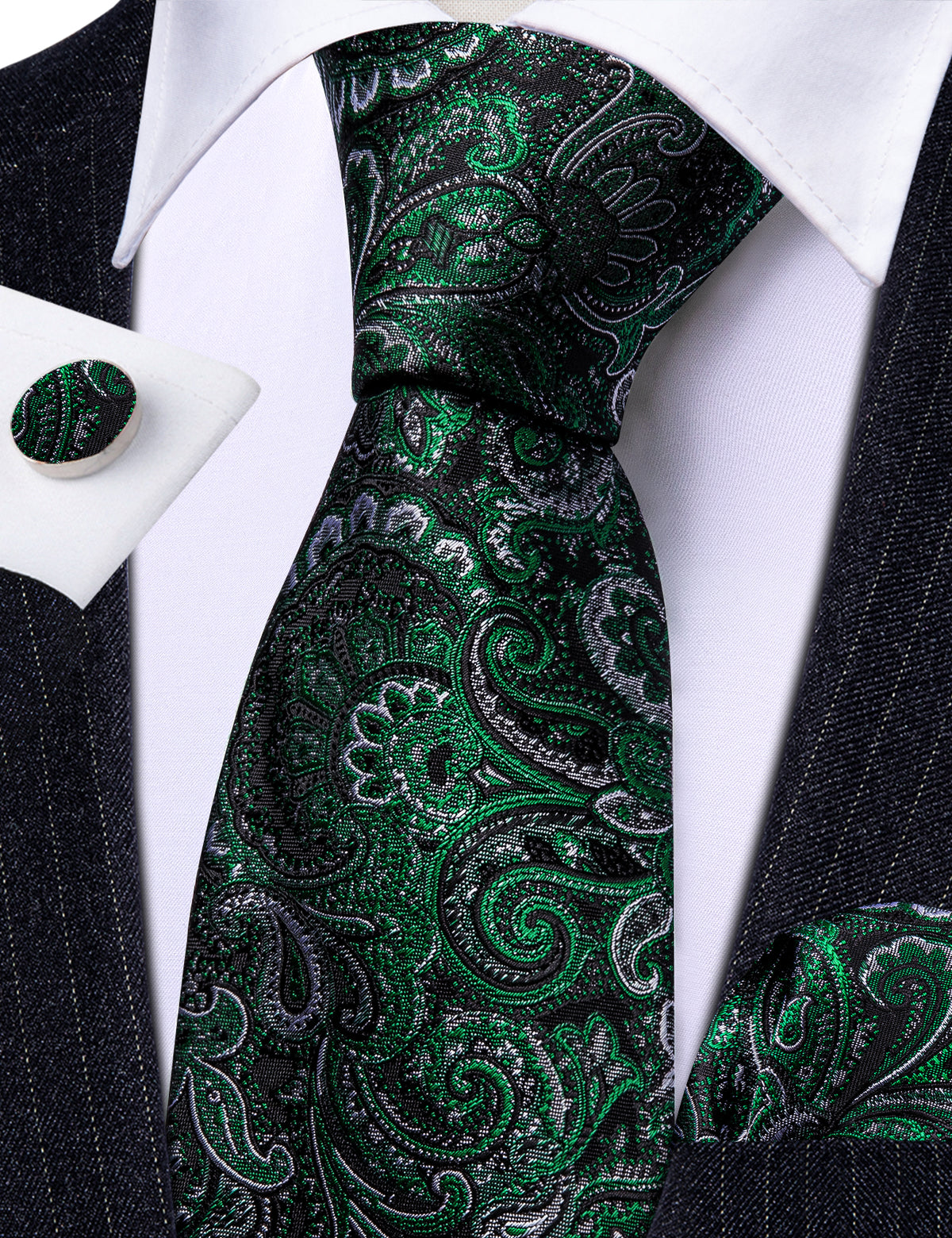 Black Forest Green Paisley Tie, Pocket Square and Cufflinks Set tie sets    - Sophisticated Gentlemen