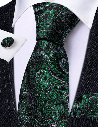Black Forest Green Paisley Tie, Pocket Square and Cufflinks Set tie sets    - Sophisticated Gentlemen