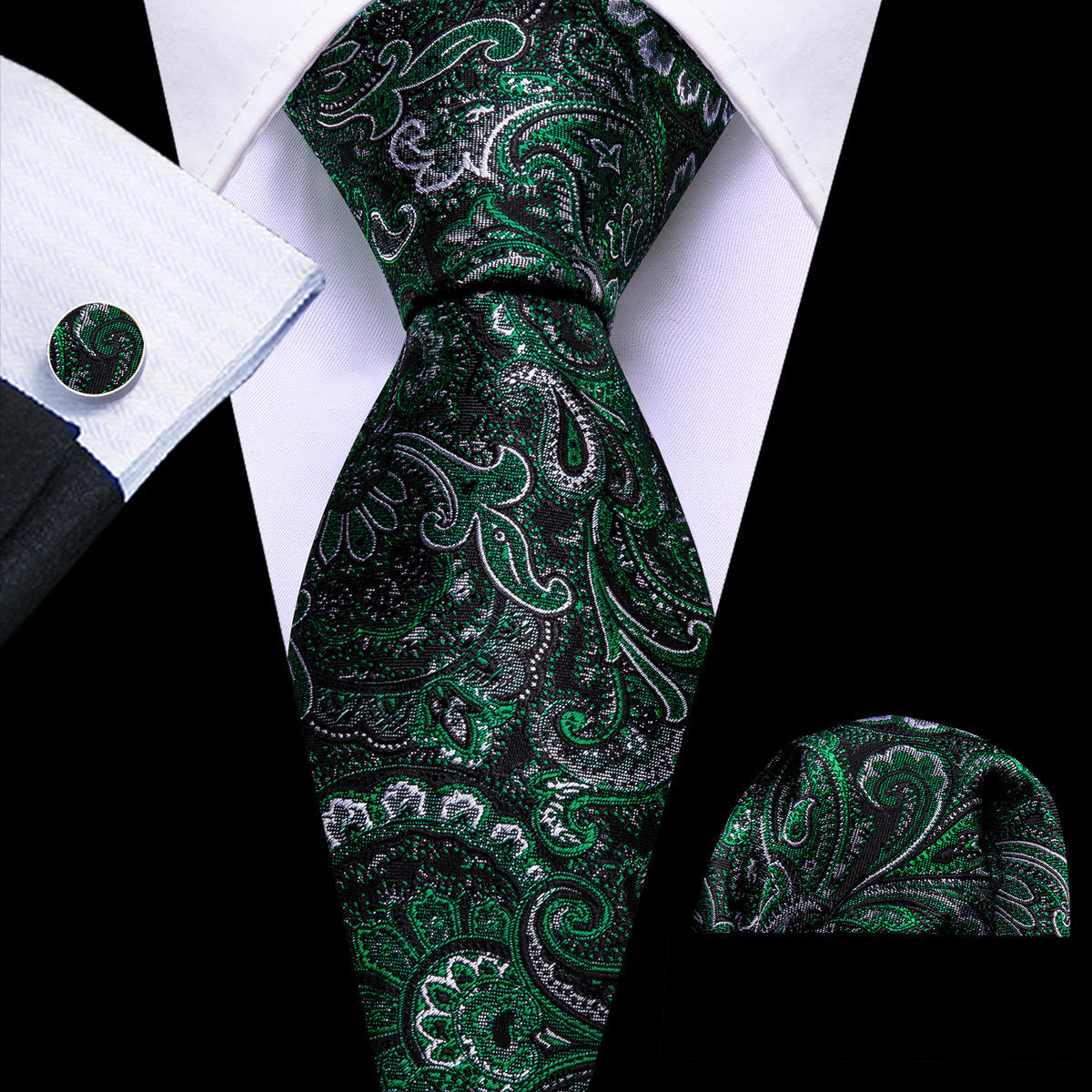 Black Forest Green Paisley Tie, Pocket Square and Cufflinks Set tie sets    - Sophisticated Gentlemen