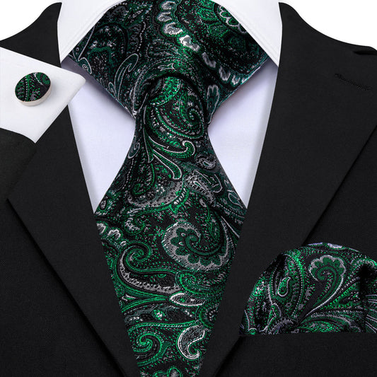 Black Forest Green Paisley Tie, Pocket Square and Cufflinks Set tie sets    - Sophisticated Gentlemen