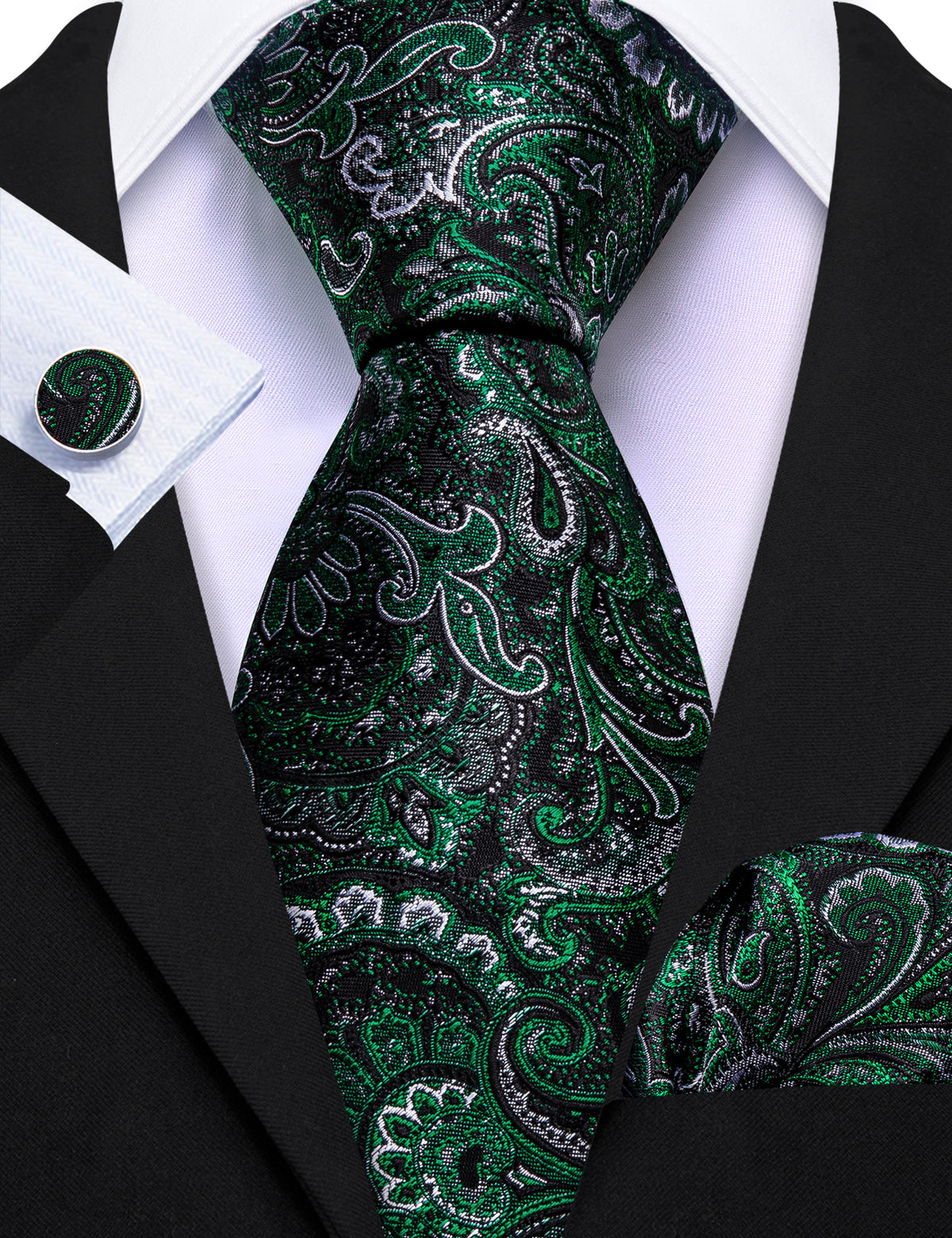 Black Forest Green Paisley Tie, Pocket Square and Cufflinks Set tie sets    - Sophisticated Gentlemen