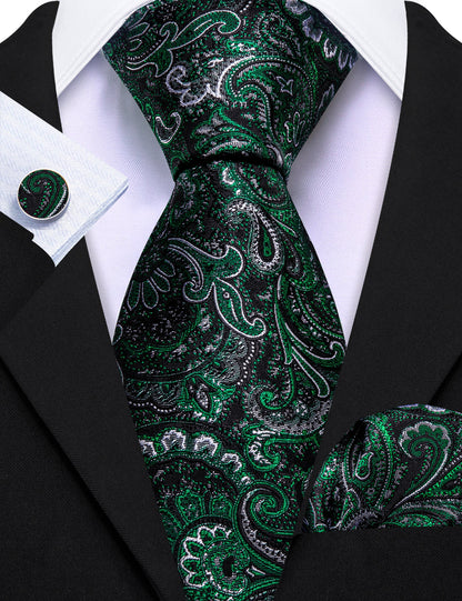 Black Forest Green Paisley Tie, Pocket Square and Cufflinks Set tie sets    - Sophisticated Gentlemen