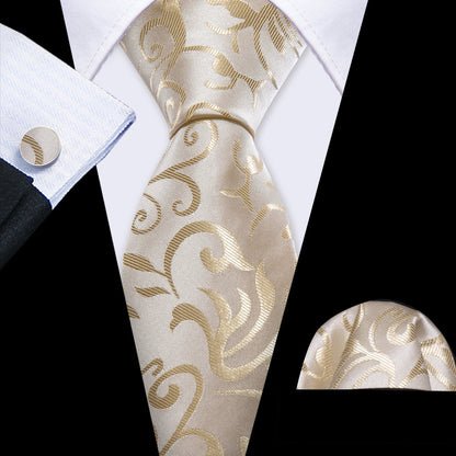 Tan Floral Silk Tie, Pocket Square and Cufflinks Set tie sets    - Sophisticated Gentlemen