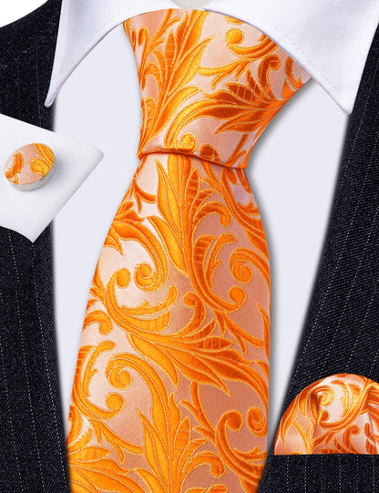 Orange Floral Silk Tie, Pocket Square and Cufflinks Set tie sets    - Sophisticated Gentlemen