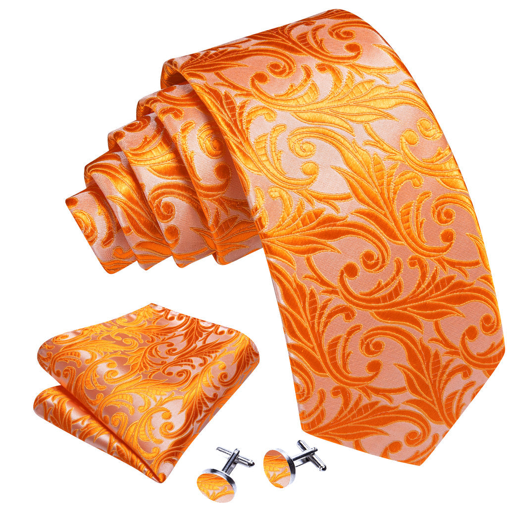 Orange Floral Silk Tie, Pocket Square and Cufflinks Set tie sets    - Sophisticated Gentlemen