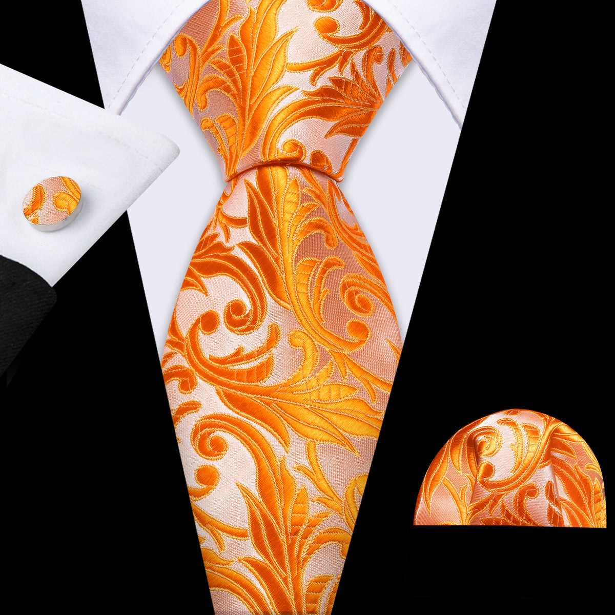 Orange Floral Silk Tie, Pocket Square and Cufflinks Set tie sets    - Sophisticated Gentlemen