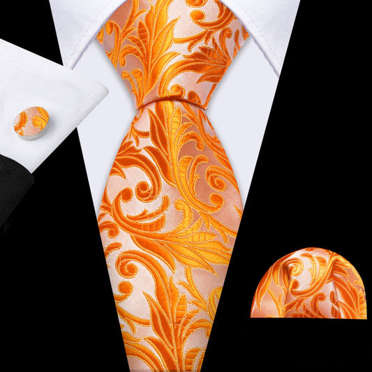 Orange Floral Silk Tie, Pocket Square and Cufflinks Set tie sets    - Sophisticated Gentlemen