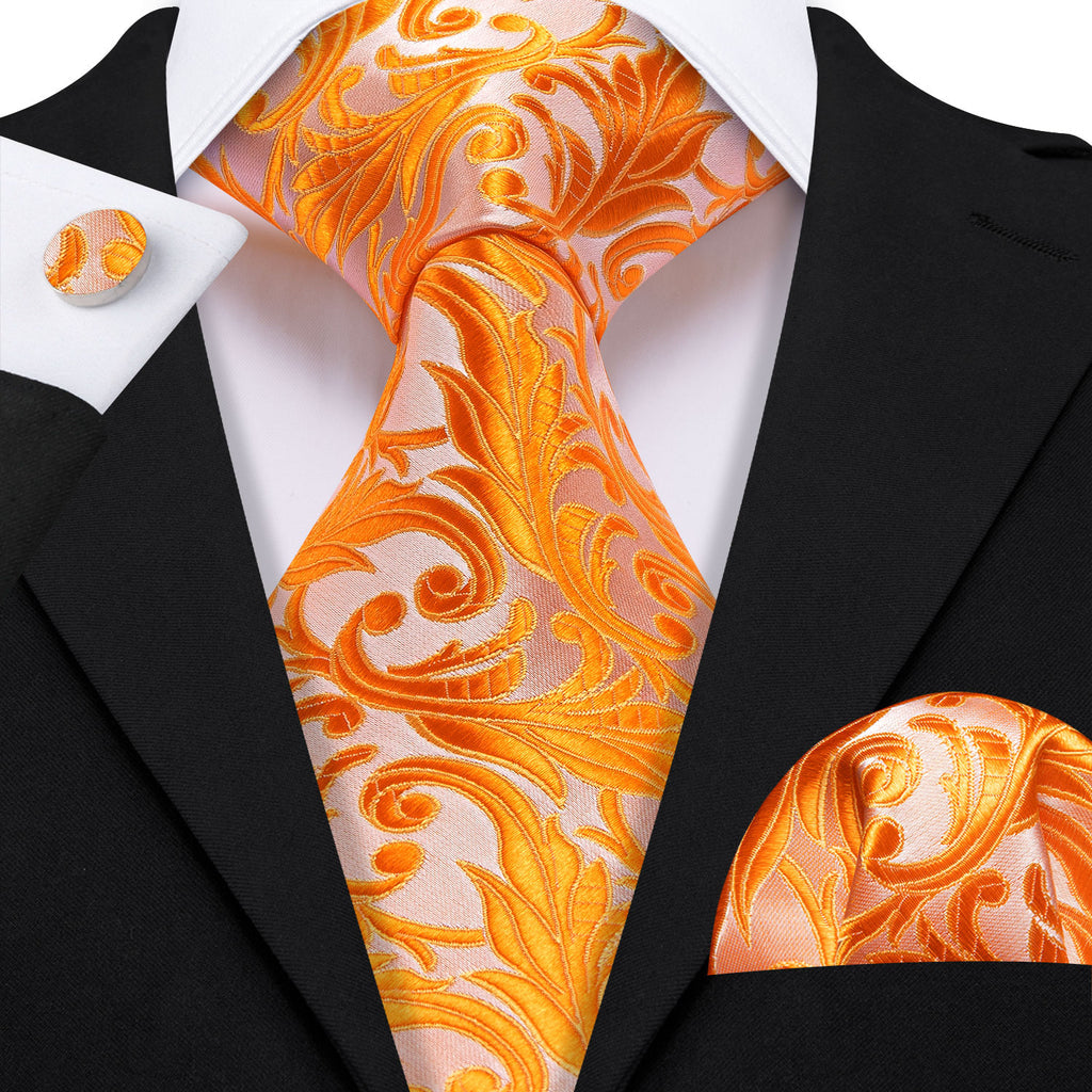 Orange Floral Silk Tie, Pocket Square and Cufflinks Set tie sets    - Sophisticated Gentlemen