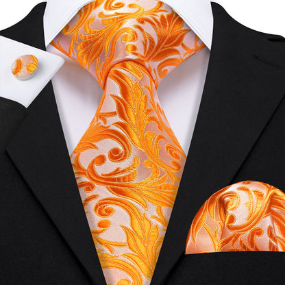 Orange Floral Silk Tie, Pocket Square and Cufflinks Set tie sets    - Sophisticated Gentlemen