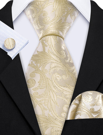 Lemon Chiffon Floral Silk Tie, Pocket Square and Cufflinks Set tie sets    - Sophisticated Gentlemen