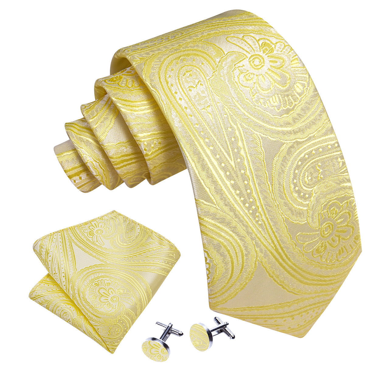 Yellow Paisley Silk Tie, Pocket Square and Cufflinks Set tie sets    - Sophisticated Gentlemen