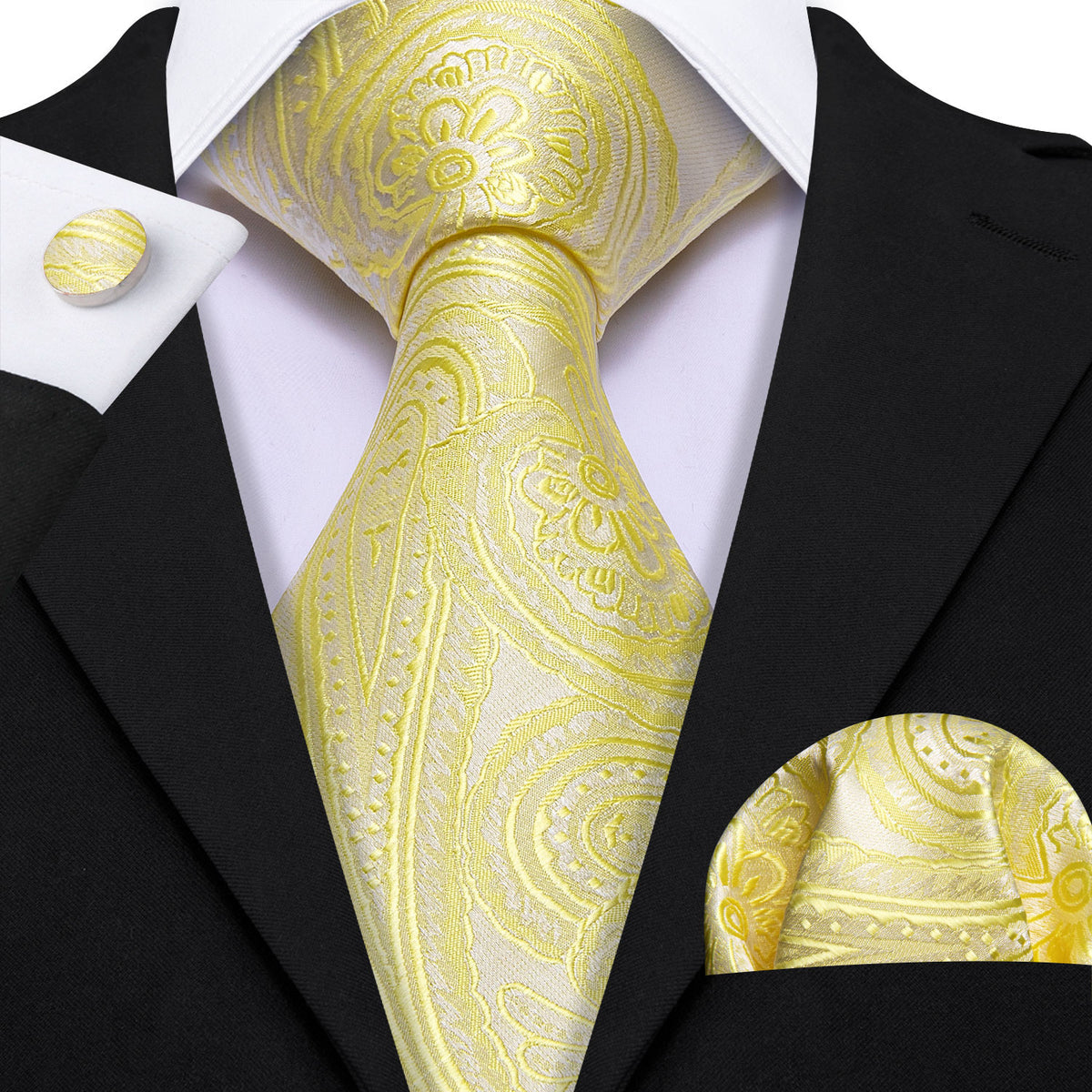 Yellow Paisley Silk Tie, Pocket Square and Cufflinks Set tie sets    - Sophisticated Gentlemen