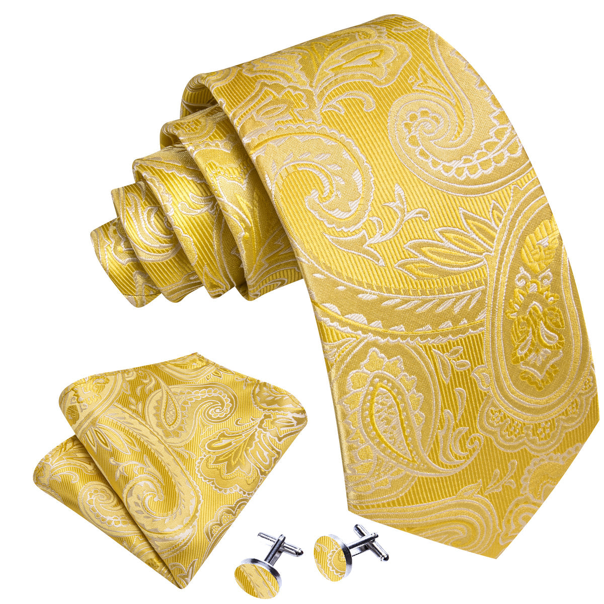 Gold Yellow Paisley Silk Tie, Pocket Square and Cufflinks Set tie sets    - Sophisticated Gentlemen