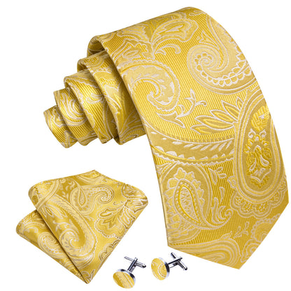 Gold Yellow Paisley Silk Tie, Pocket Square and Cufflinks Set tie sets    - Sophisticated Gentlemen