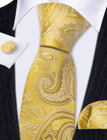 Gold Yellow Paisley Silk Tie, Pocket Square and Cufflinks Set tie sets    - Sophisticated Gentlemen