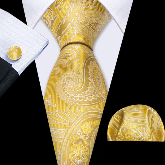 Gold Yellow Paisley Silk Tie, Pocket Square and Cufflinks Set tie sets    - Sophisticated Gentlemen