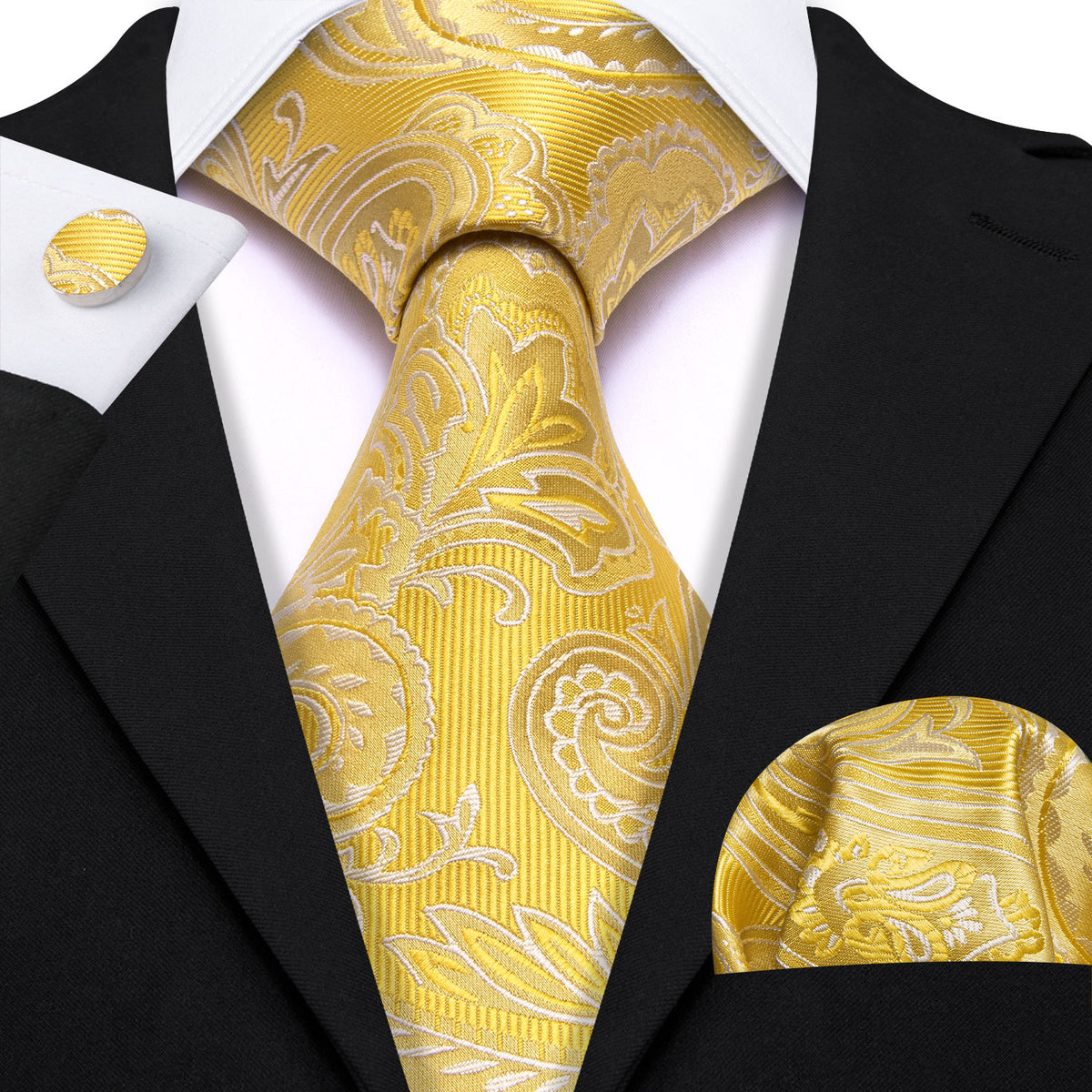 Gold Yellow Paisley Silk Tie, Pocket Square and Cufflinks Set tie sets    - Sophisticated Gentlemen