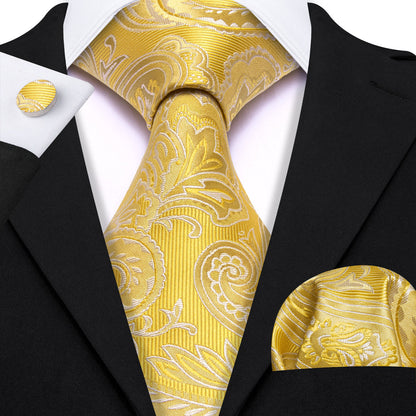 Gold Yellow Paisley Silk Tie, Pocket Square and Cufflinks Set tie sets    - Sophisticated Gentlemen