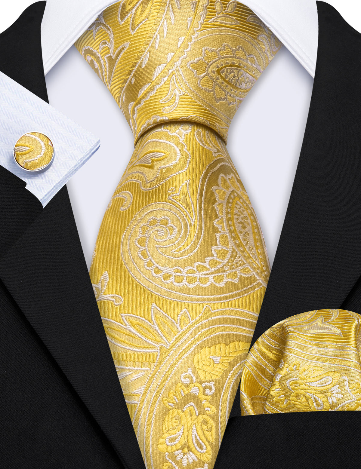 Gold Yellow Paisley Silk Tie, Pocket Square and Cufflinks Set tie sets    - Sophisticated Gentlemen