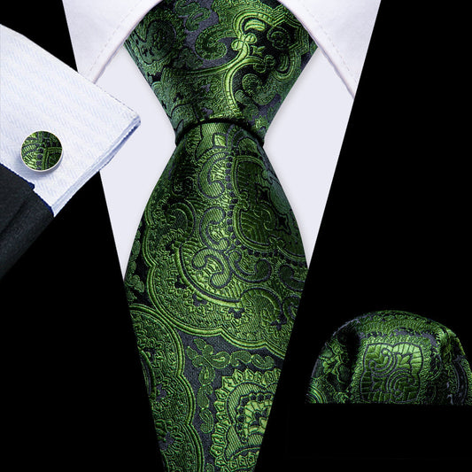 Olive Paisley Silk Tie, Pocket Square and Cufflinks Set tie sets    - Sophisticated Gentlemen