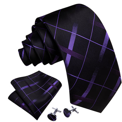 Black Purple Plaid Silk Tie, Pocket Square and Cufflinks Set tie sets    - Sophisticated Gentlemen
