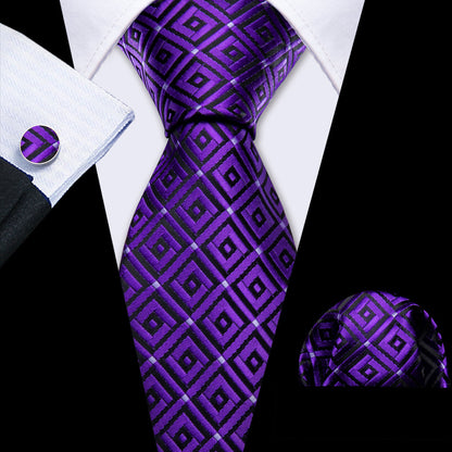 Purple Hyacinth Plaid Silk Tie, Pocket Square and Cufflinks Set tie sets    - Sophisticated Gentlemen