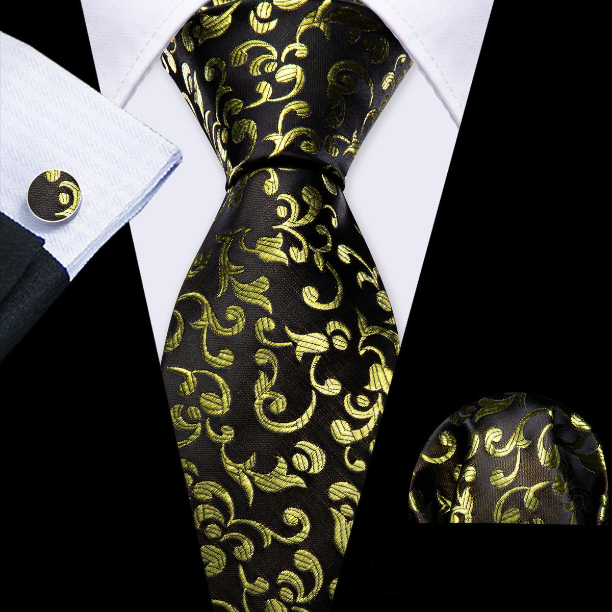 Black Yellow Floral Silk Tie, Pocket Square and Cufflinks Set tie sets    - Sophisticated Gentlemen