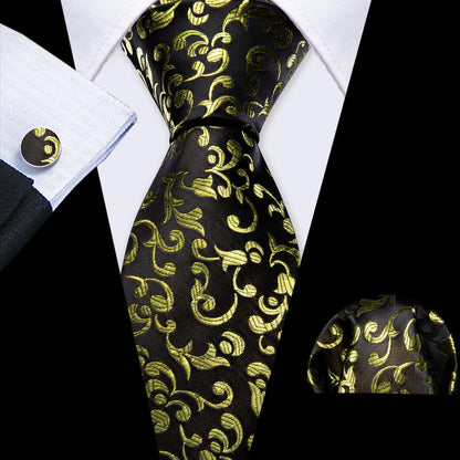 Black Yellow Floral Silk Tie, Pocket Square and Cufflinks Set tie sets    - Sophisticated Gentlemen