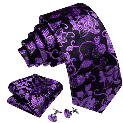 Purple Black Floral Silk Tie, Pocket Square and Cufflinks Set tie sets    - Sophisticated Gentlemen