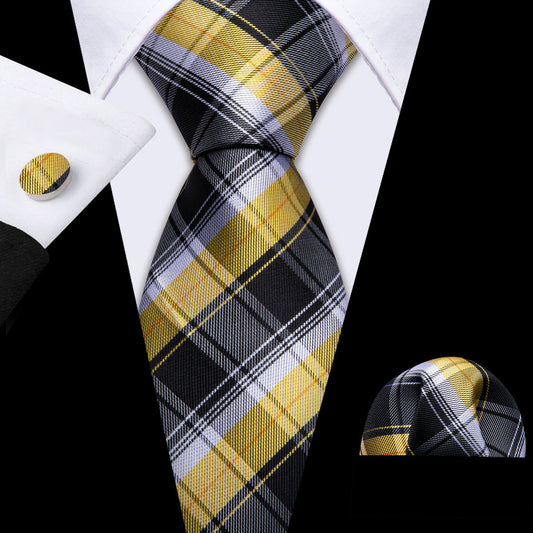 Black Yellow Checkered Silk Tie, Pocket Square and Cufflinks Set tie sets    - Sophisticated Gentlemen