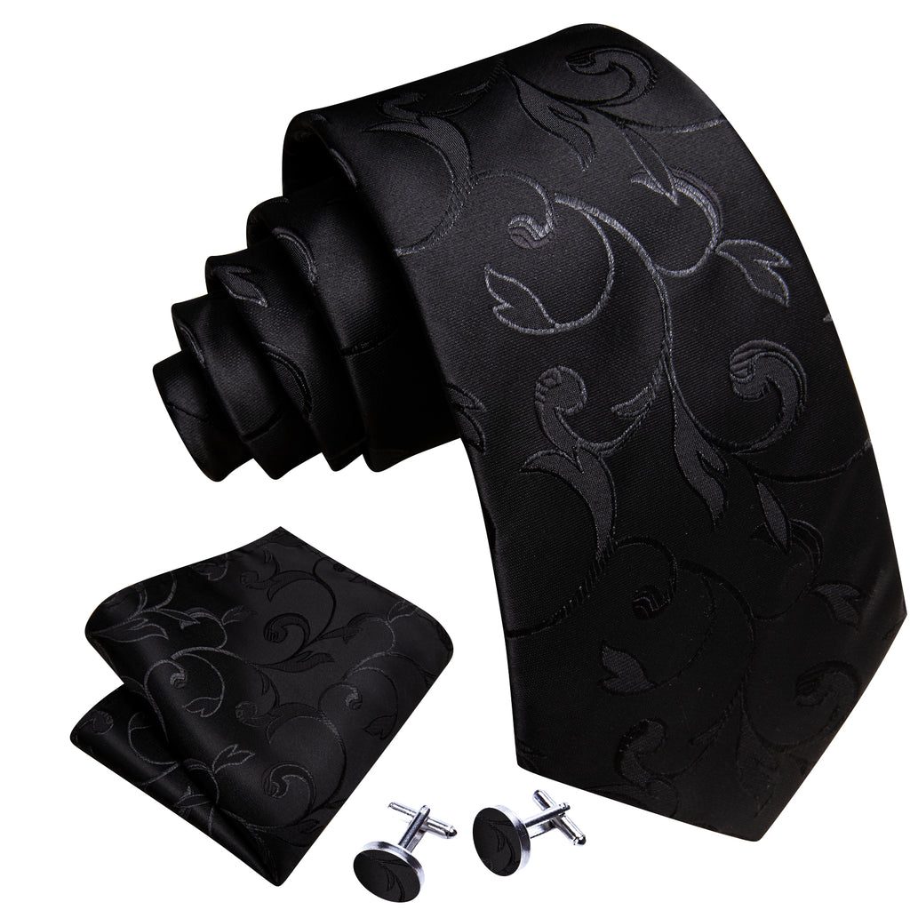 Black Floral Silk Tie, Pocket Square and Cufflinks Set tie sets    - Sophisticated Gentlemen