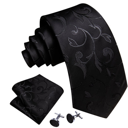 Black Floral Silk Tie, Pocket Square and Cufflinks Set tie sets    - Sophisticated Gentlemen