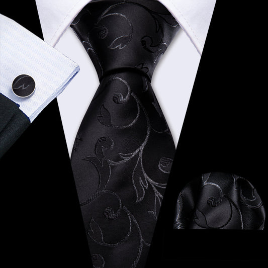 Black Floral Silk Tie, Pocket Square and Cufflinks Set tie sets    - Sophisticated Gentlemen